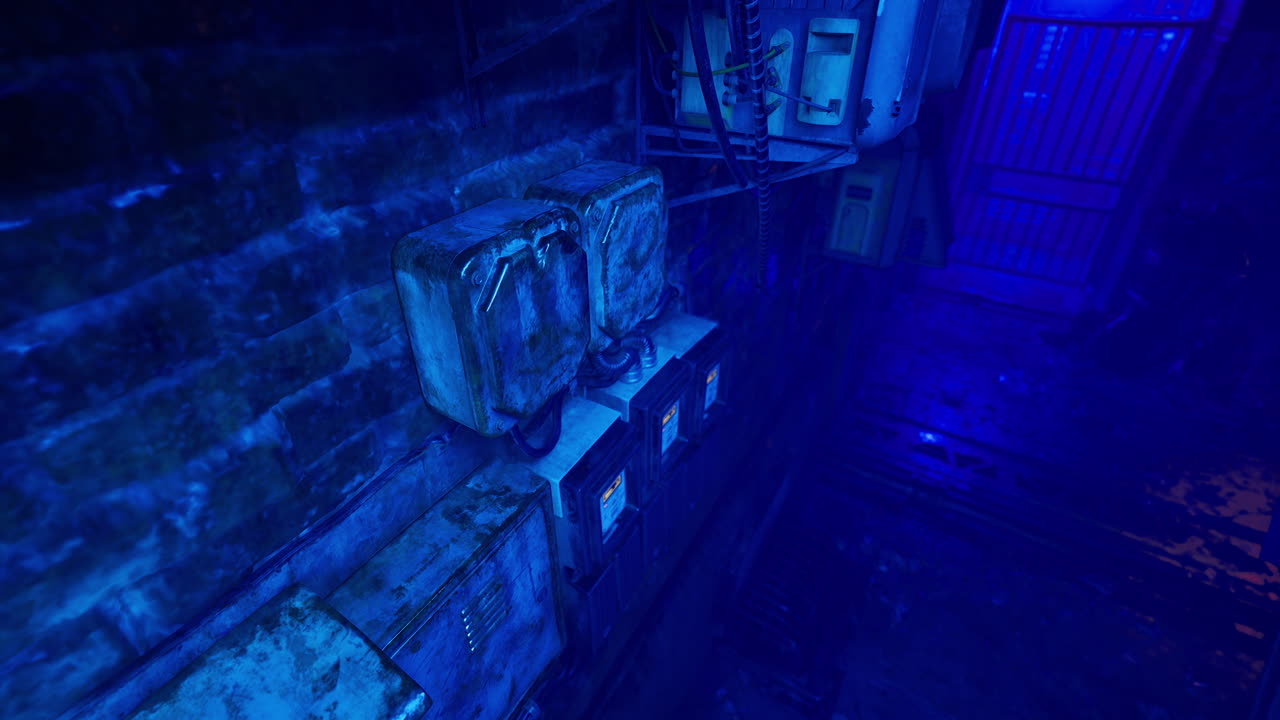 Old electrical equipment illuminated by blue light in an urban alleyway