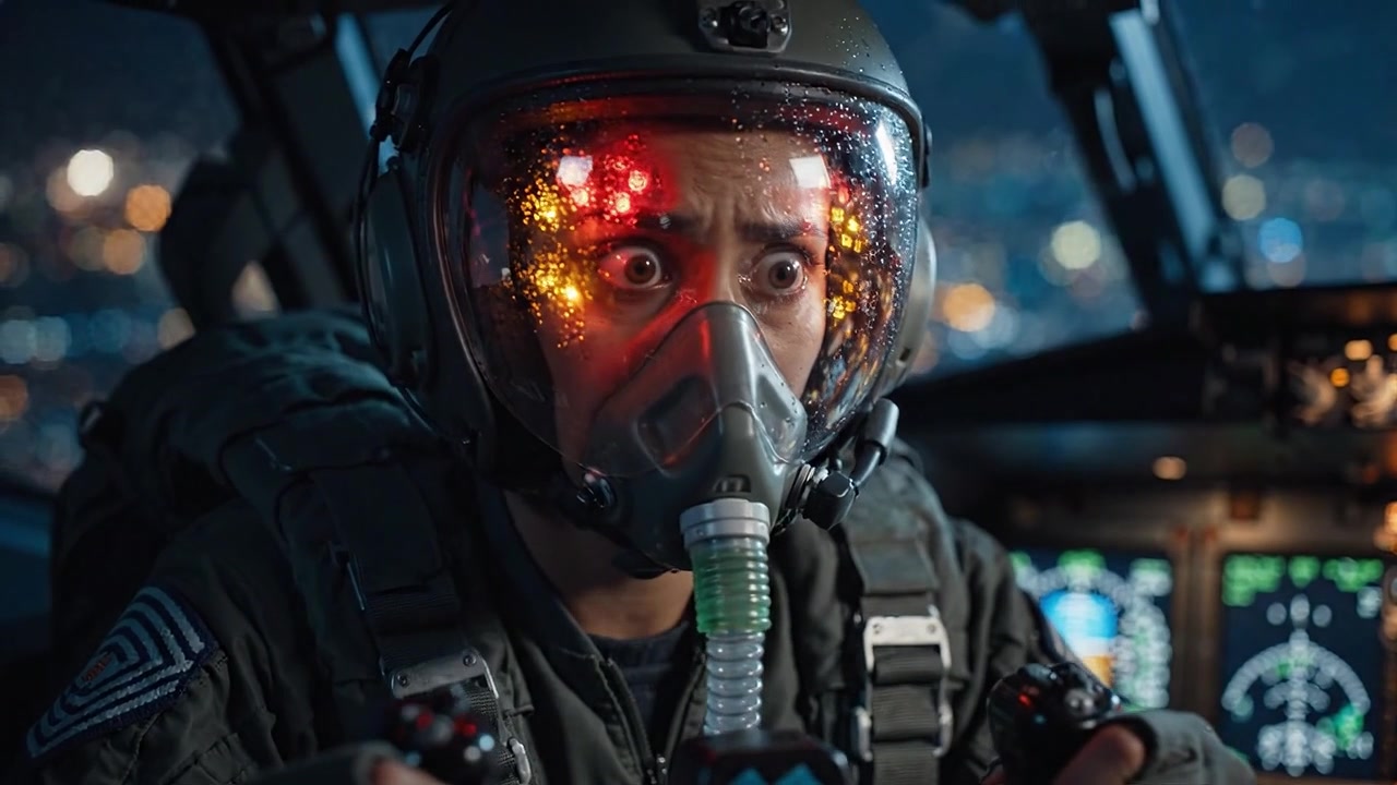 Pilota concentrato con casco e maschera d'ossigeno, che aziona i comandi avanzati di un aereo in uno scenario urbano notturno, dimostrando precisione e abilità nelle operazioni di volo