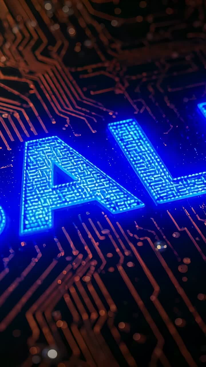 Vertical video: Sliding camera revealing glowing AL letters on PCB, exposing texture, copper traces
