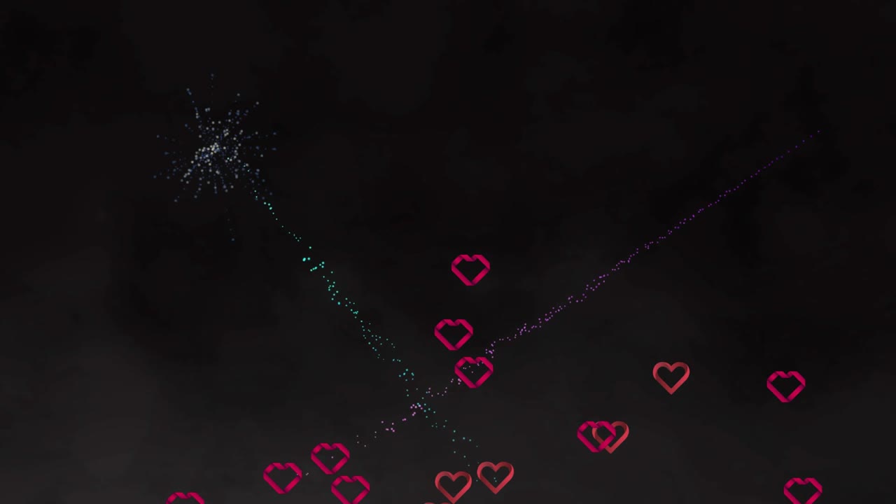 Dark night sky initiating pink heart outlines drifting down as fireworks bursting celebrating love