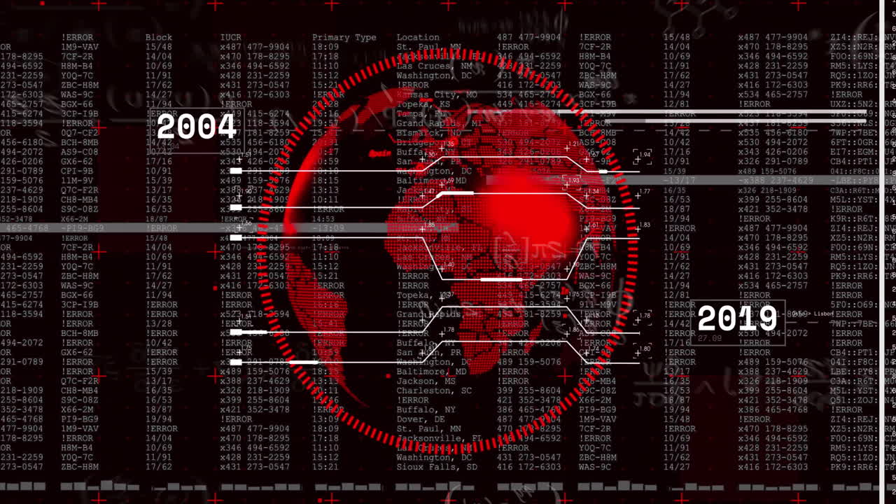 Digital world map with data processing animation over red and black background