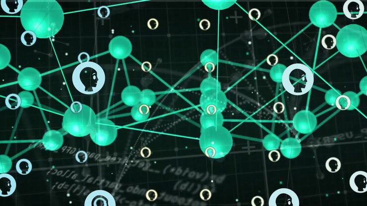 3D turkis nodenet roterer, mens kameraet panorerer, avatarringe driver, markerer central node for links.
