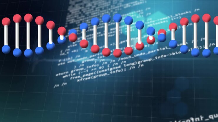 Animation dna strand over data processing and grid