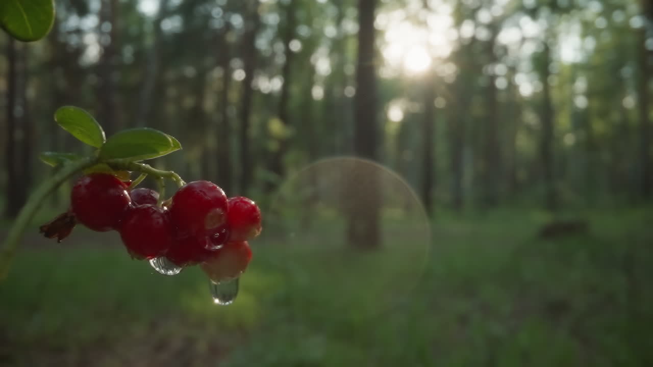 Morgenlicht filtert durch einen Wald auf nasse rote Johannisbeeren mit einem Sonnenstern