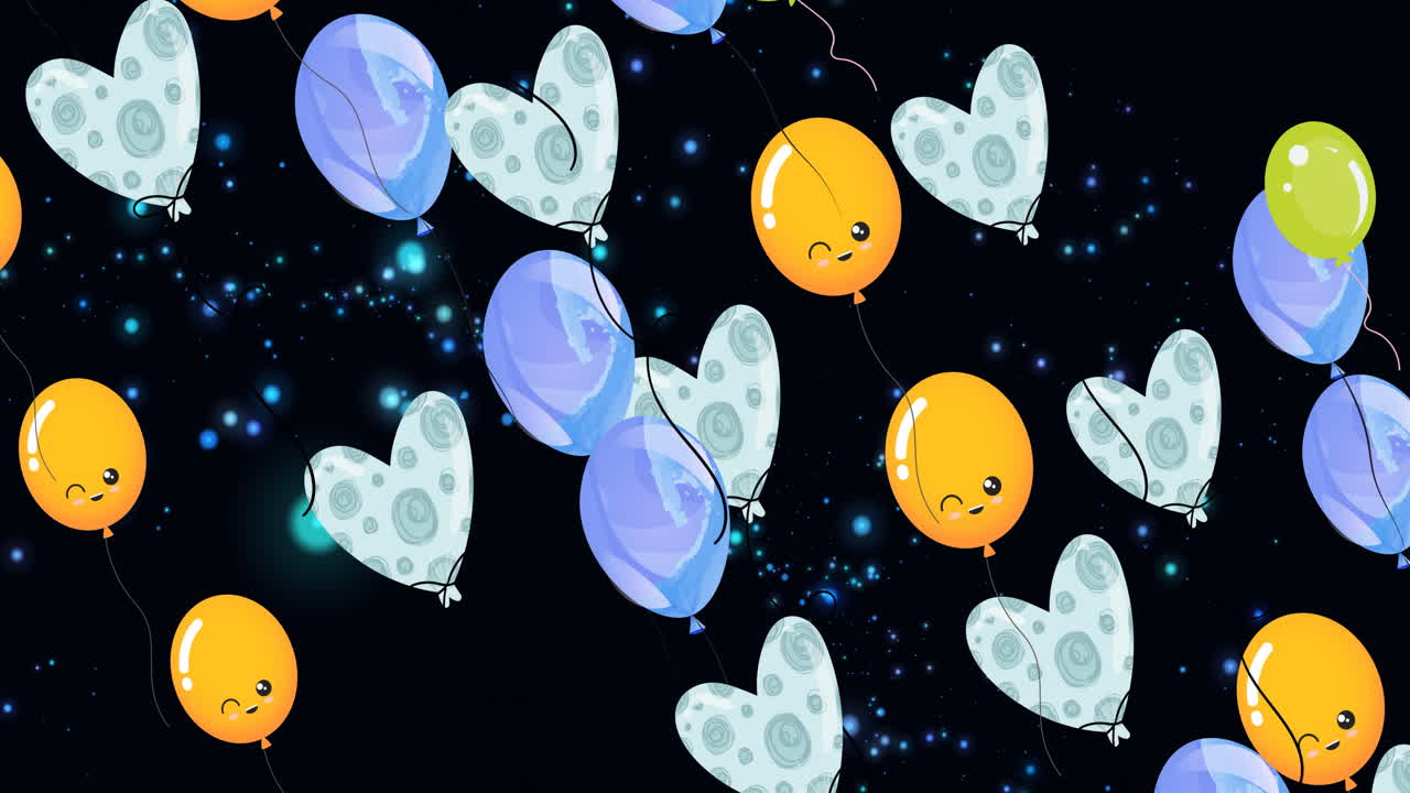 검은 바탕 위에 떠다니는 풍선과 심장의 애니메이션