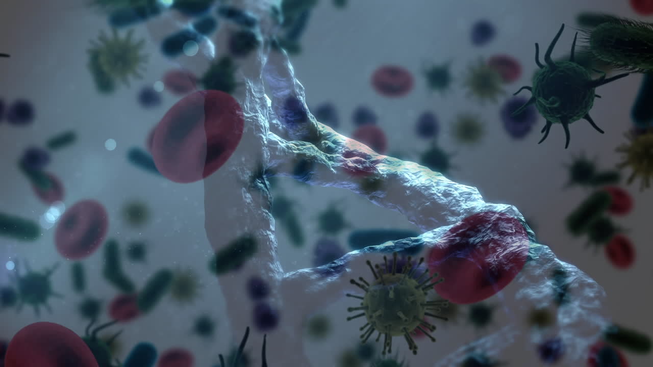 바이러스 세포와 박테리아 세포로 둘러싸인 회전하는 dna