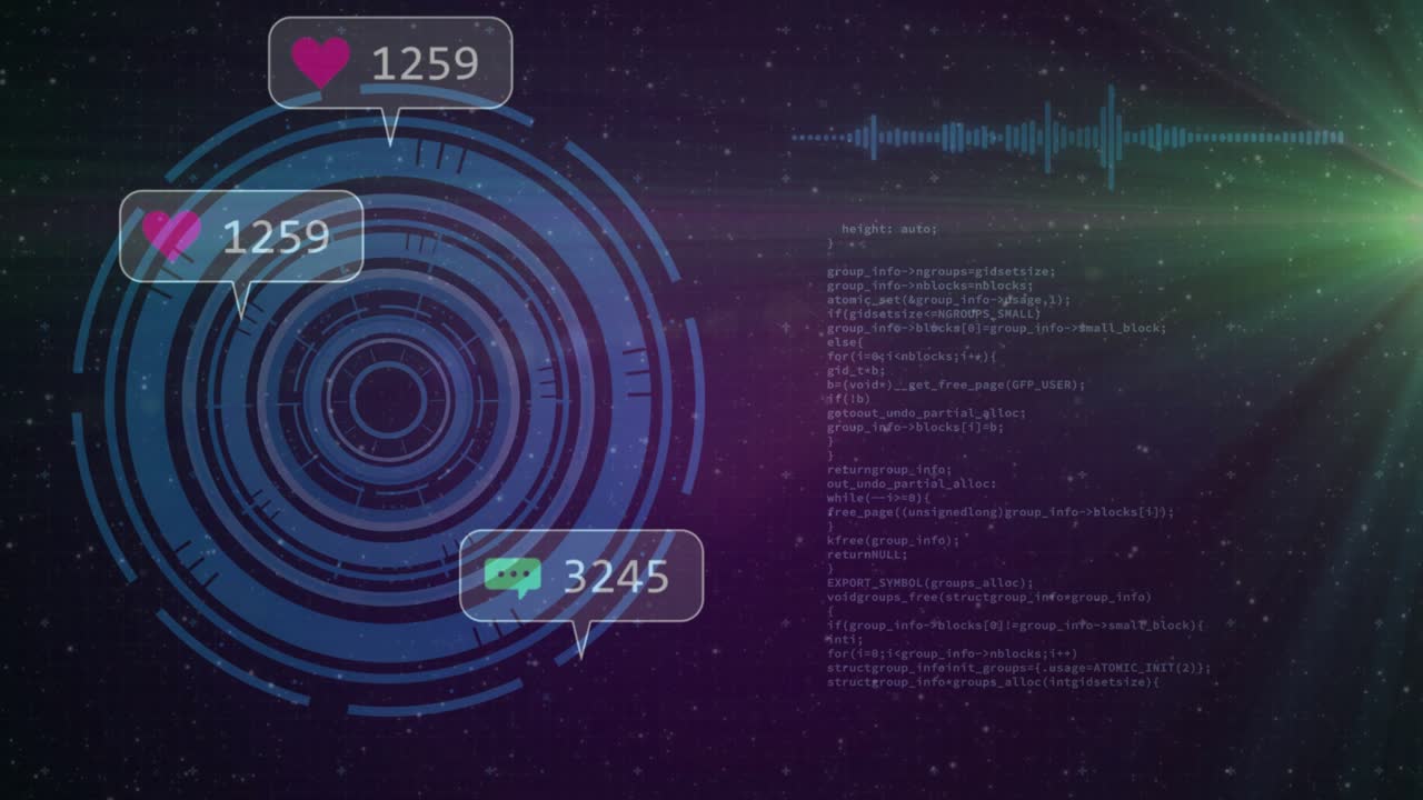Circle interface fading in with code appearing and social icons floating showing engagement on HUD