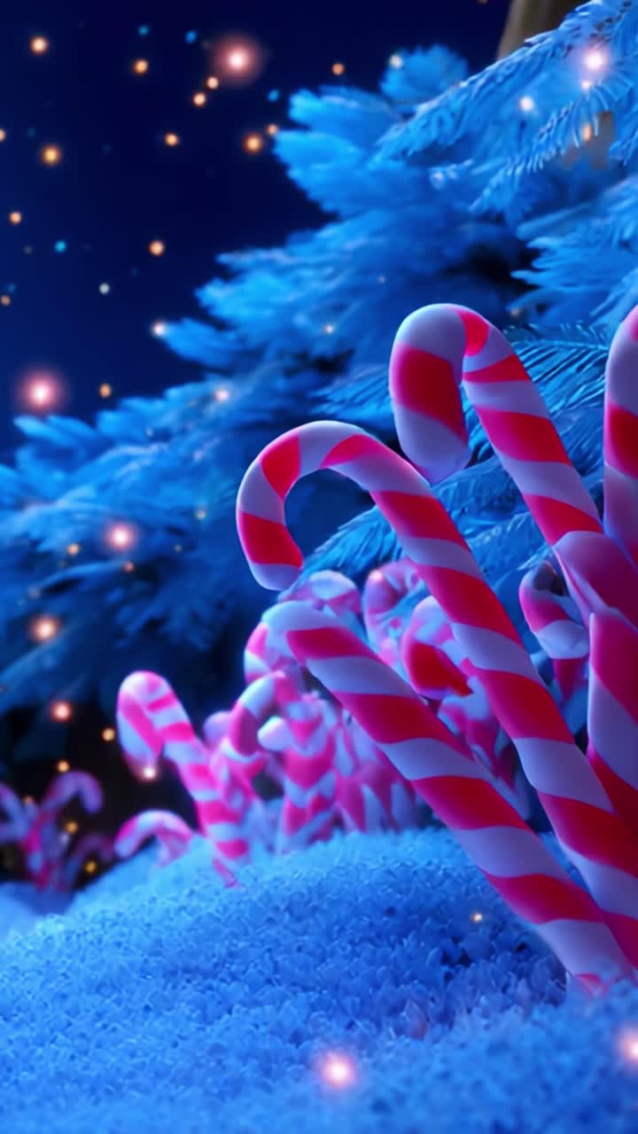 A captivating winter wonderland scene featuring vibrant pink and white candy canes emerging from a bed of sparkling snow, surrounded by shimmering blue coniferous trees under a starry night sky