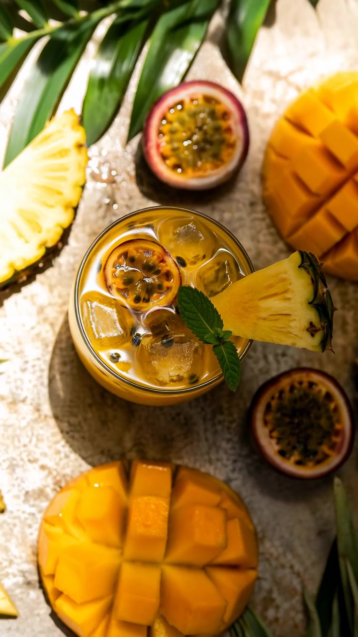 Una bevanda ghiacciata dorata rimane a fuoco sotto la forte luce solare, mentre pezzi di mango, spicchi d'ananas, metà di maracuja e foglie verdi lucide si muovono delicatamente attraverso l'inquadratura dall'alto