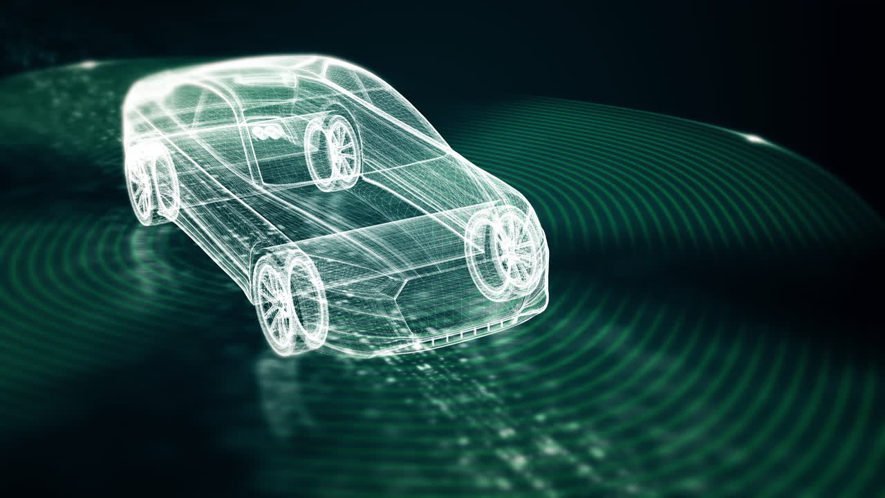 첨단 모션 그래픽은 인간 개입 없이 독립적으로 작동할 수 있는 자아 인식과 포적 인 환경 감지 기능을 갖춘 자율적인 차량을 보여줍니다.