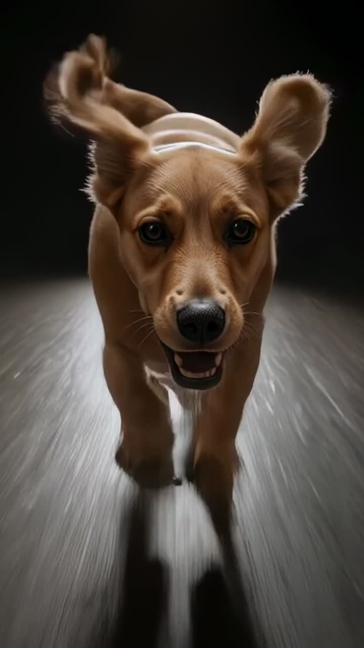 Vertical video: Trotting tan dog panting toward low camera in studio, with shiny floor and collar