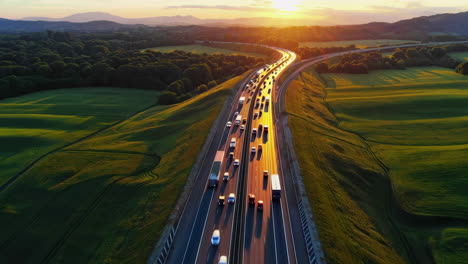 aerial view of highway traffic at sunset through green landscape