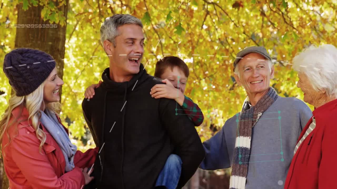 공원에서 세 세대의 백인 가족에 대한 연결 라인과 데이터 처리