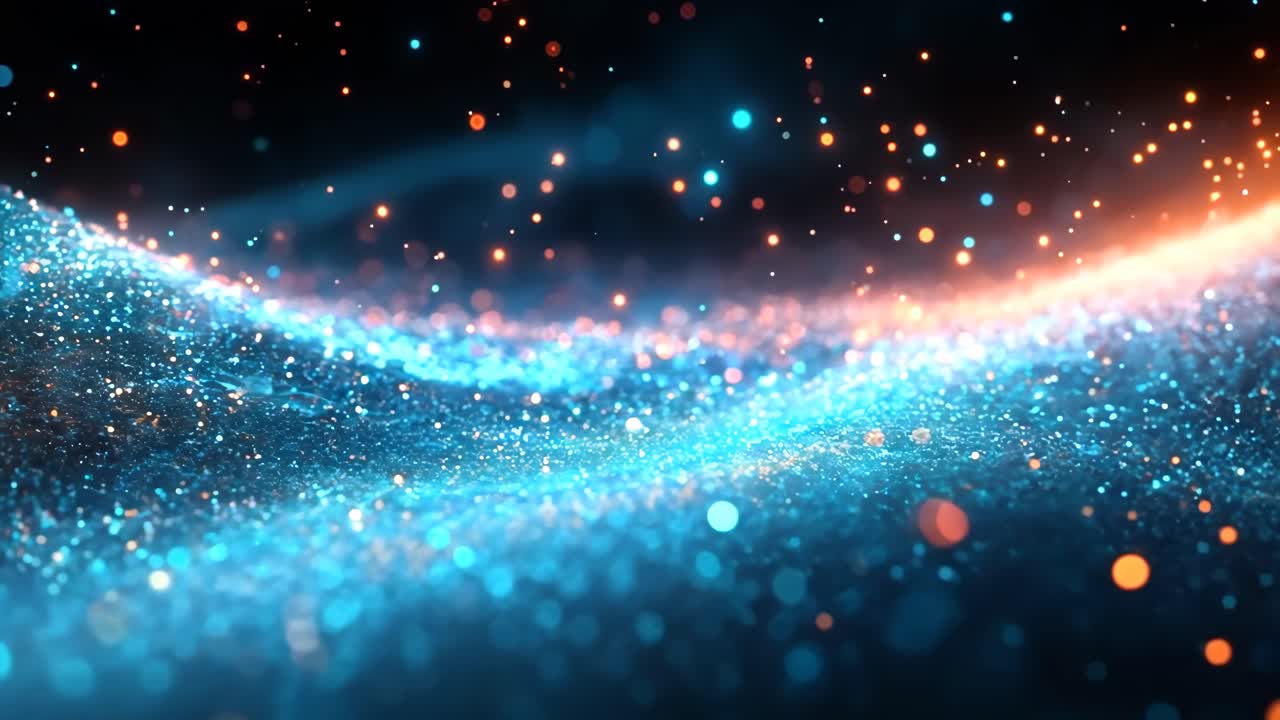 A blue and orange swirl of light with many small dots. The blue and orange swirls are moving and the dots are scattered throughout the image