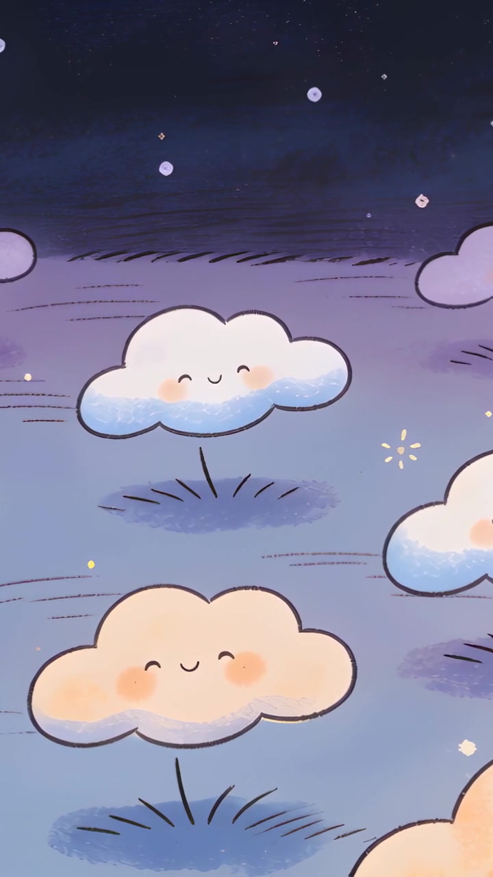 Vertical video: Starting pan revealing smiling clouds drifting across night field with stars