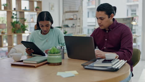 Living-room,-laptop-and-couple-budget-planning