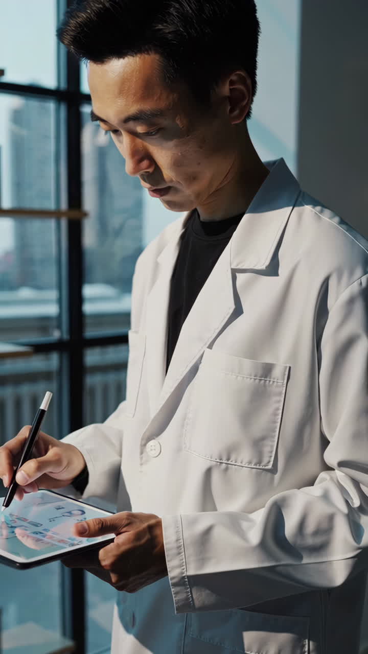 Asian Scientist Using Tablet in Modern Office