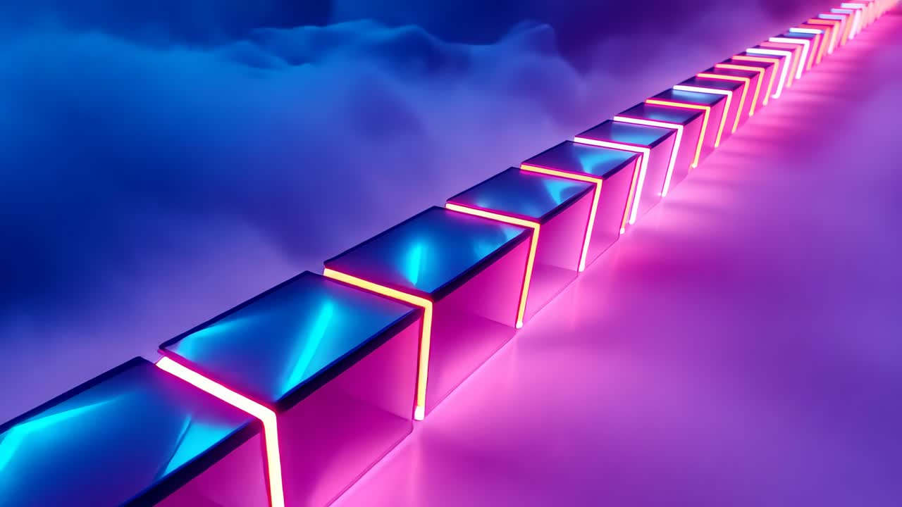 Camera initiating gliding past neon cubes over reflective plane revealing endless horizon