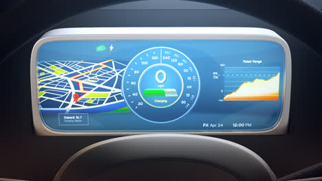 Animation-Mit-Dem-Inneren-Des-Armaturenbretts-Eines-Elektroautos-Während-Des-Ladens-An-Der-Station.-Auf-Dem-Bildschirm-Werden-Die-GPS-Navigationskarte-Und-Der-Aktuelle-Ladestatus-Angezeigt.-Die-Batteriekapazität-Wächst.