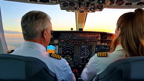 piloto y copiloto volando a través de la puesta de sol