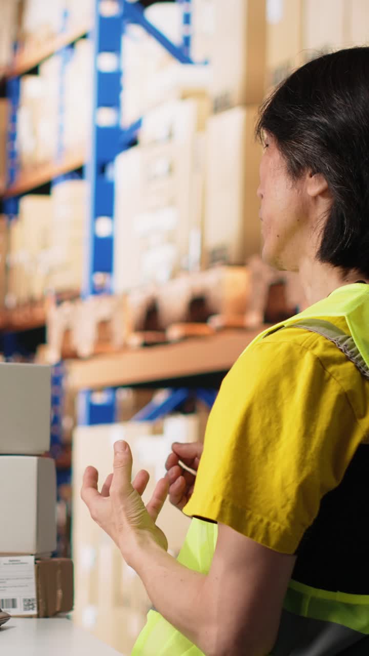 Vertical Video Asian call center clerk answering a video call with a customer