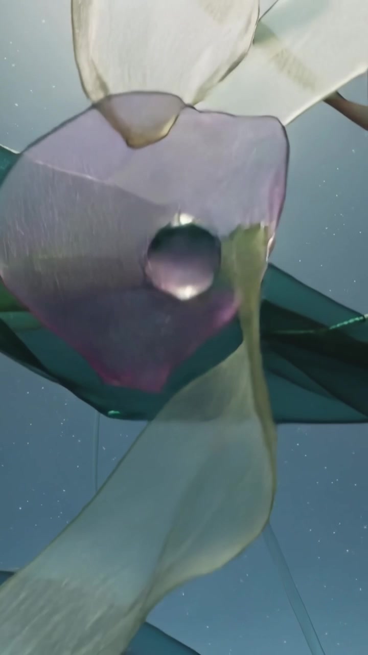 Vertical video: Looping sheer ribbons and spheres drifting in twilight, forming scene