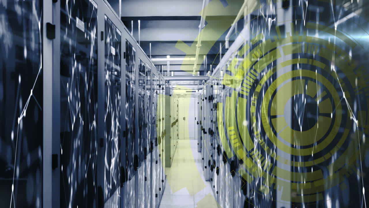 animación de círculos de carga y puntos conectados en estantes de servidores de la sala de servidores