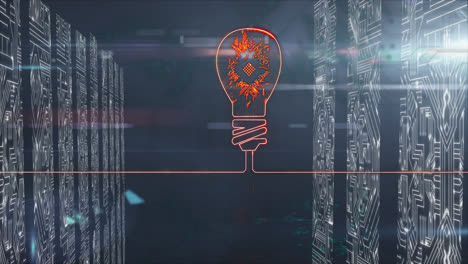 Animation-of-light-bulb-with-circuit-board-over-servers