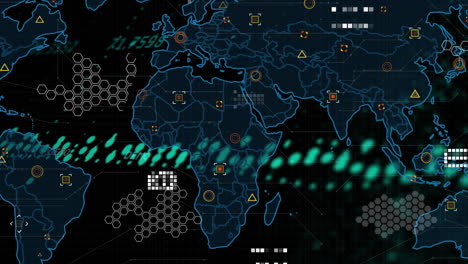 animation of data processing over world map on black background
