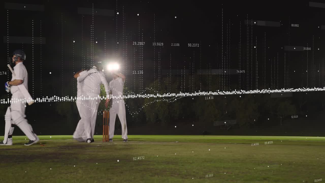 Cricketspeler in de schijnwerpers die de bal gooit en een batsman raakt die de bal naar de keeper speelt die de bal vangt en in beroep gaat bij dataspelers