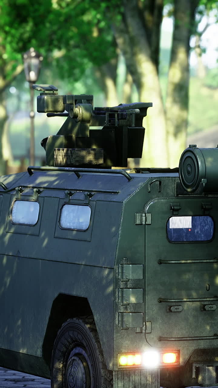 Military vehicle parked under trees in a peaceful park setting