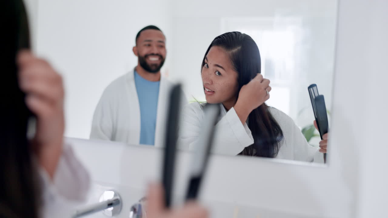 Happy, hair care and morning routine with couple