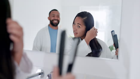 happy, hair care and morning routine with couple