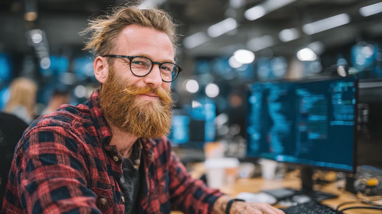 Focused Programmer with a Beard Working at His Desk Surrounded by Multiple Computer Screens in a Modern Tech Environment
