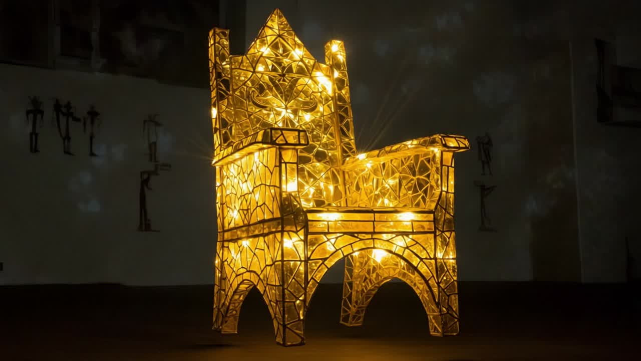 Intricate illuminated chair adorned with shimmering lights, creating a mesmerizing glow and captivating ambiance in a darkened space, highlighting artistic design and craftsmanship