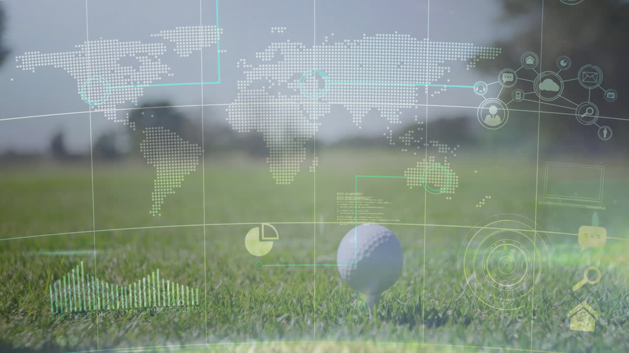 Golf ball sitting on tee on fairway, displaying sports tech overlay with charts and cloud icons