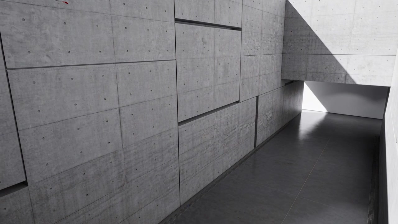 Câmera avançando, revelando parede de painéis e piso polido em corredor de concreto, com abertura luminosa