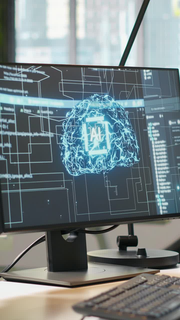 Vertical video Empty startup office with artificial intelligence program running on PC monitors