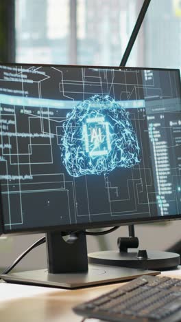 vertical video empty startup office with artificial intelligence program running on pc monitors