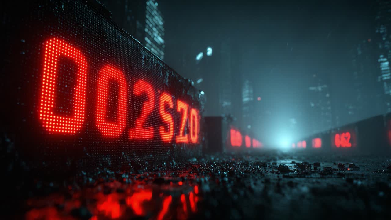 Primo piano di un timer digitale rosso che fa il conto alla rovescia su una strada bagnata e grintosa di una città futuristica di notte. I numeri rossi e luminosi si riflettono sul terreno umido in mezzo a un'atmosfera nebbiosa e distopica.