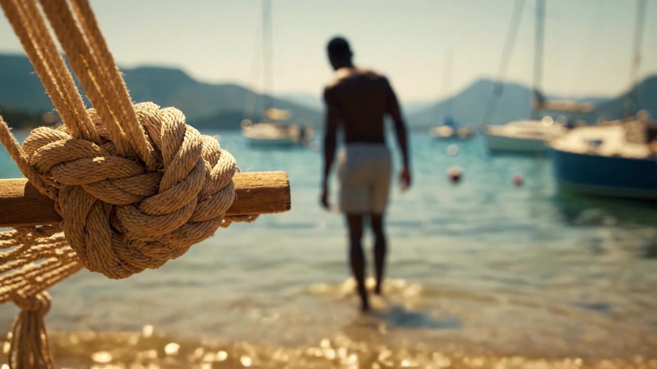 A Serene Day by the Shore: A Silhouette of a Man Gazing at the Tranquil Waters while Nautical Ropes and Boats Add to the Coastal Charm