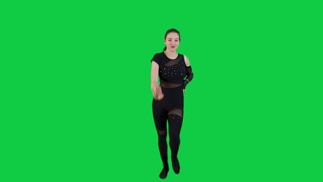 Impresionante-Bailarina-Actuando-Frente-A-La-Pantalla-Verde-Usando-Un-Traje-Negro-Con-Croma-En-Cámara-Lenta