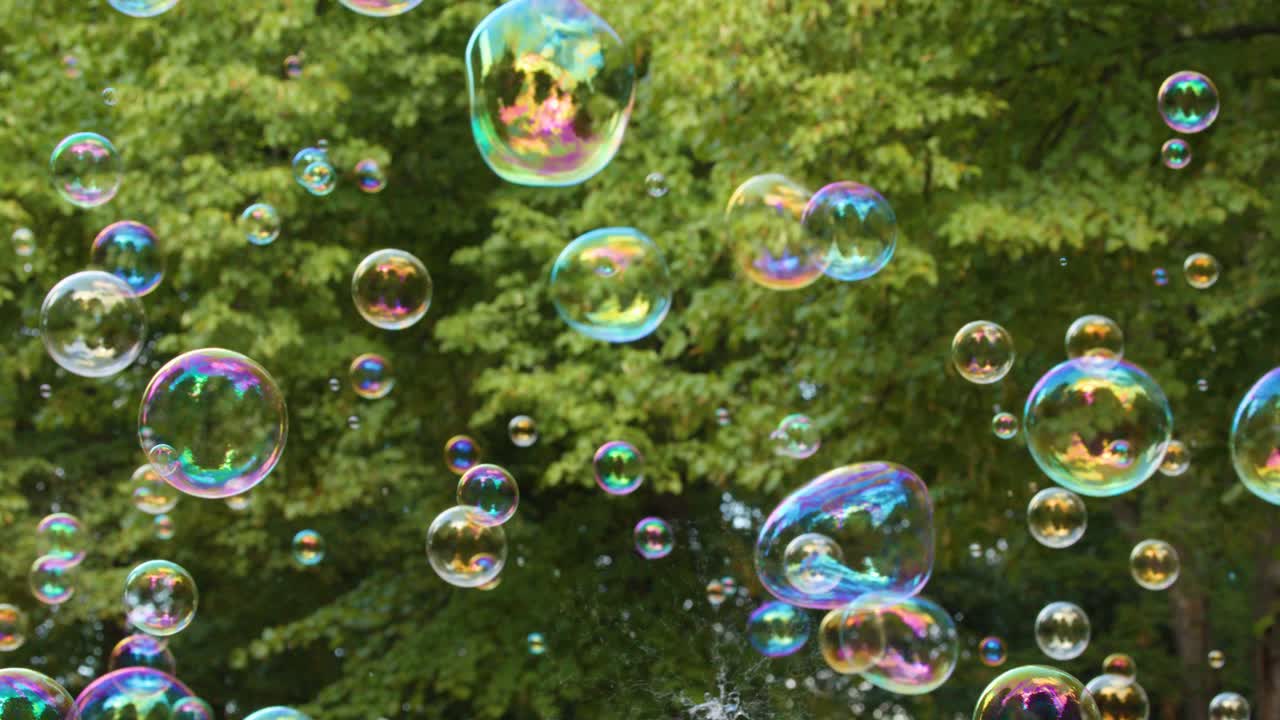 Many colorful soap bubbles drift through a park with green trees under bright daylight