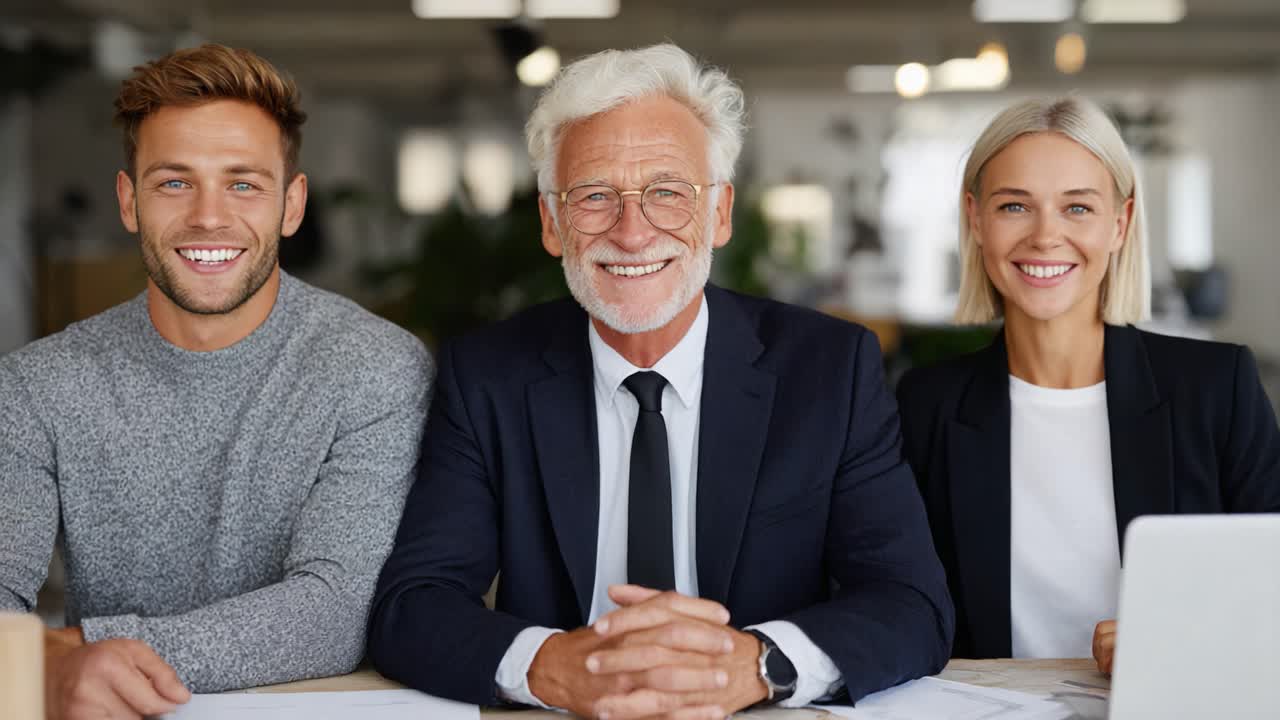 A Professional Group of Three Smiling Colleagues Posing Together at an Office Table, Showcasing Team Spirit and Positive Work Environment