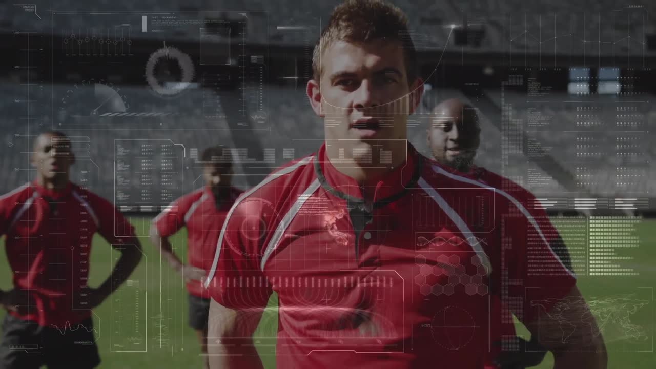 스포츠 경기장에서의 럭비 경기에 대한 데이터 처리 애니메이션