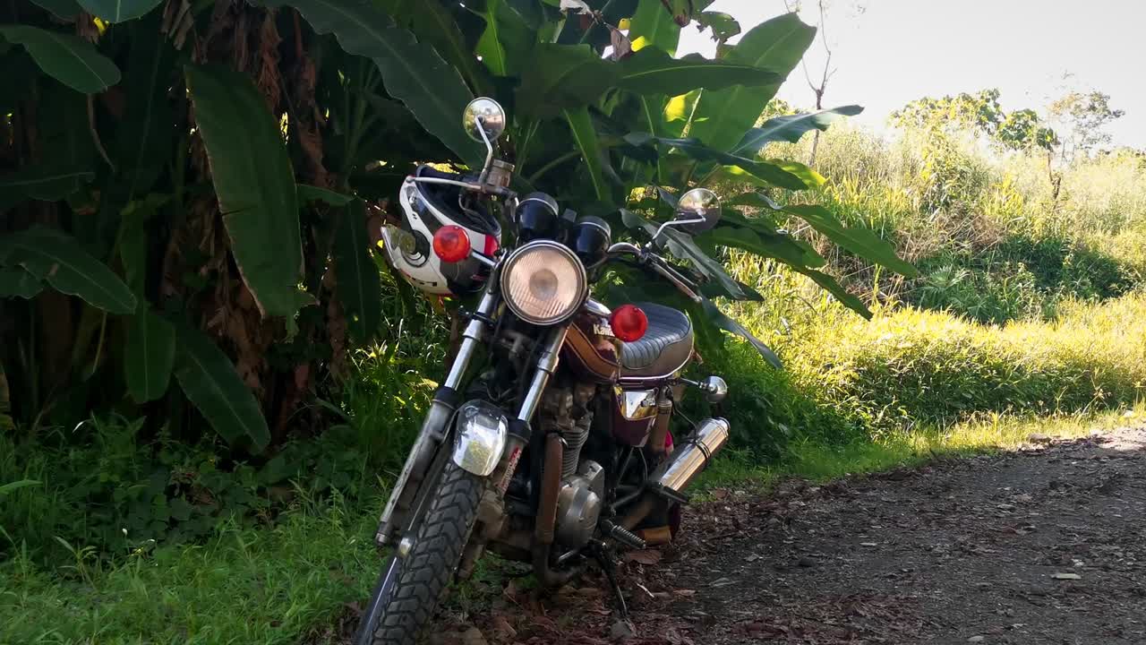 1976 Kawasaki KZ 750 motorcycle parked in the shade of a big palm tree in central America. Gimbal tracking shot