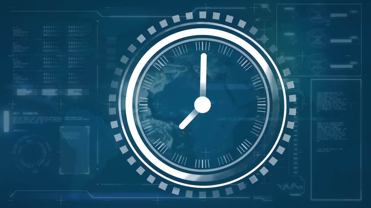 Animation of ticking clock over interface with globe and data processing against blue background