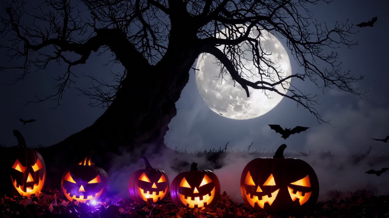 Spooky Halloween Night with Jack-o'-Lanterns and a Full Moon