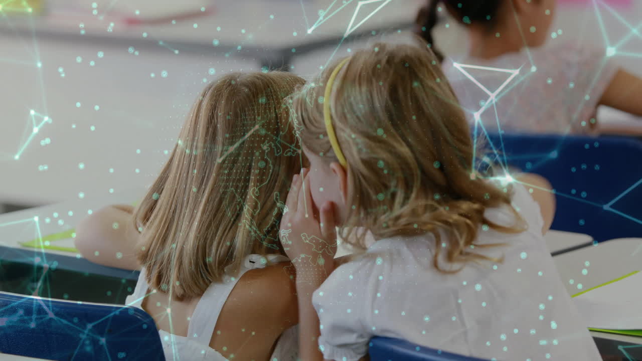 교실에서 네트워크 연결 애니메이션으로 속삭이는 아이들