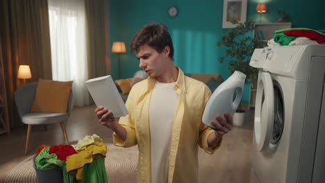 confused man choosing laundry detergent